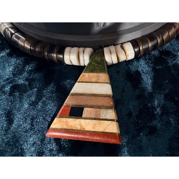 Boho Inlaid Stone Triangle Pendant Necklace Natural Wood Bone Beads - Picture 6 of 10